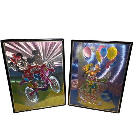 Goofy & Mickey Mouse Foil Art Prints Set Of 2 Black Frames 8 x 10" Vtg Disney - Picture 2 of 9